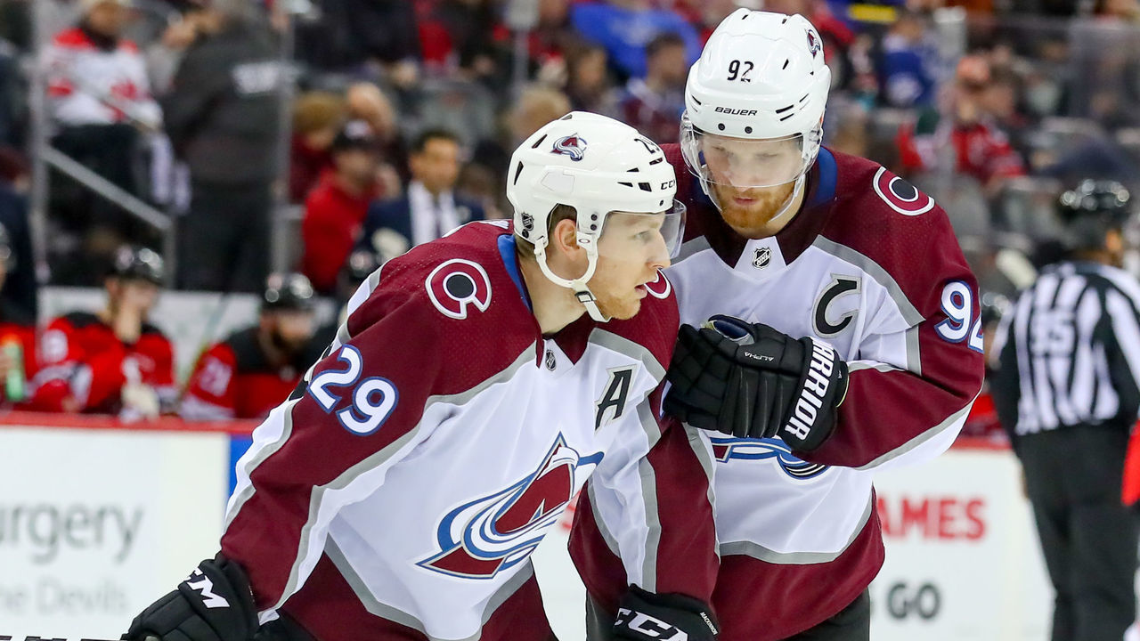 NEWARK, NJ - JANUARY 04: Colorado Avalanche left wing Gabriel Landeskog (92) talks with Colorado Avalanche center Nathan MacKinnon (29) during the National Hockey League game between the New Jersey Devils and the Colorado Avalanche on January 4, 2020 at the Prudential Center in Newark, NJ.
