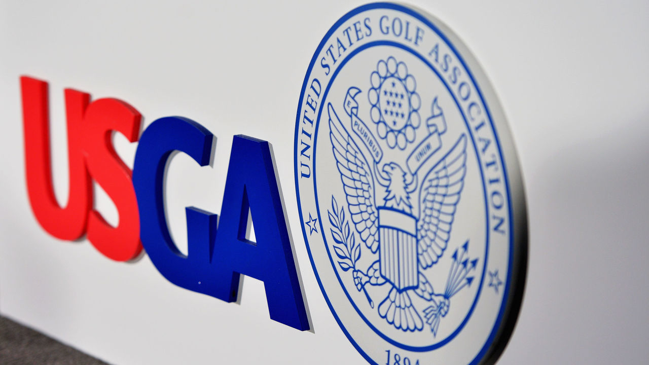 ARDMORE, PA - JUNE 10: A USGA logo is seen in the interview room during a practice round prior to the start of the 113th U.S. Open at at Merion Golf Club on June 10, 2013 in Ardmore, Pennsylvania.