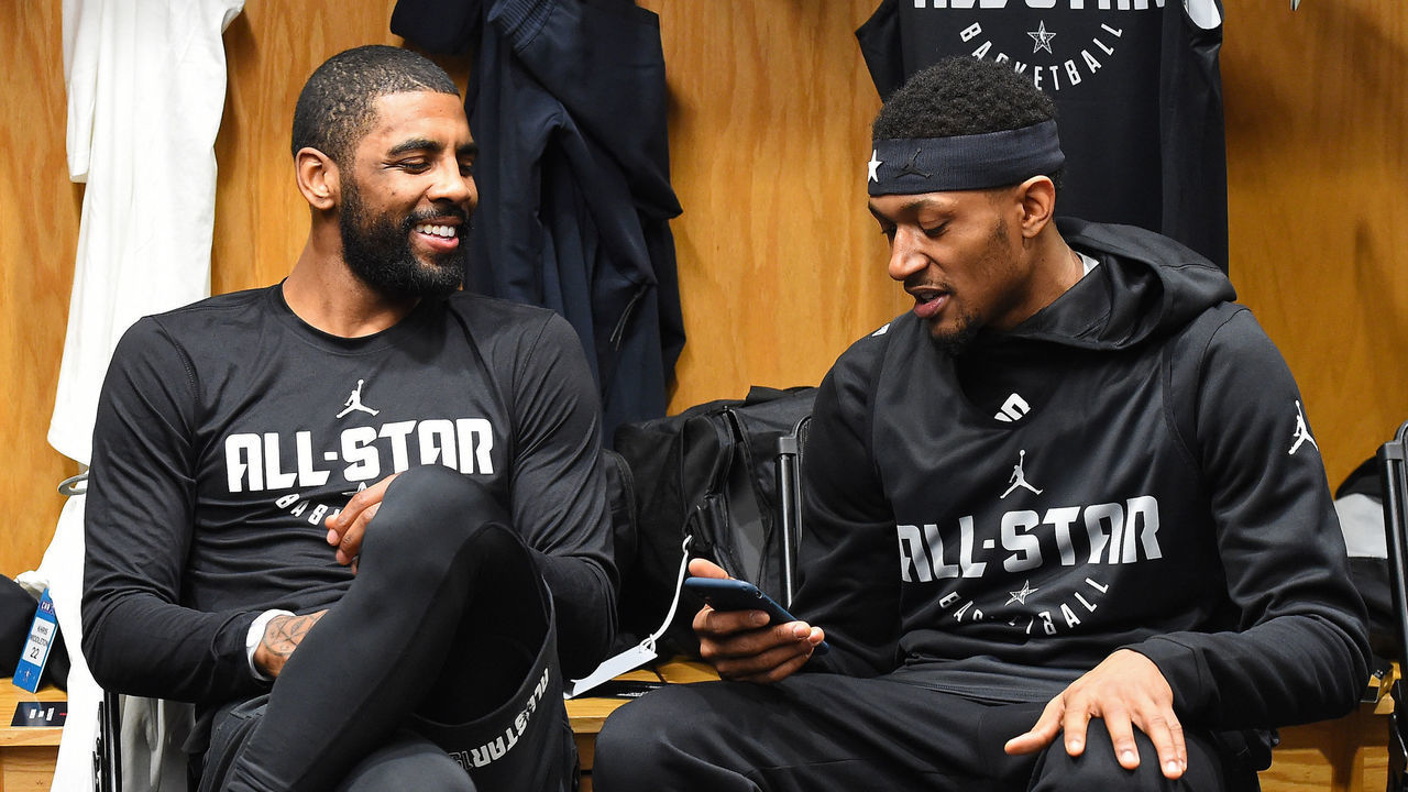 CHARLOTTE, NC - FEBRUARY 16: Kyrie Irving #11 and Bradley Beal #3 of Team LeBron talk in the locker room before the 2019 NBA All-Star Practice and Media Availability on February 16, 2019 at Bojangles Coliseum in Charlotte, North Carolina. Mandatory Copyright Notice: Copyright 2019 NBAE