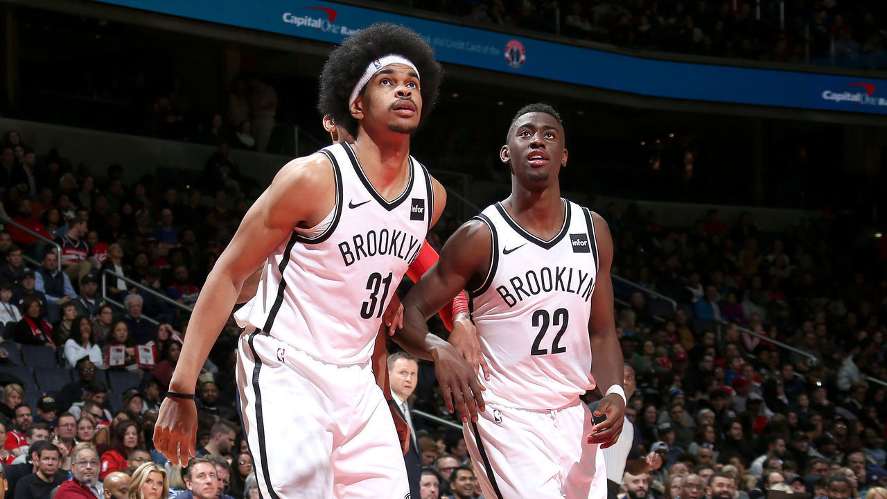 WASHINGTON, DC - JANUARY 13: Jarrett Allen #31 of the Brooklyn Nets and Caris LeVert #22 of the Brooklyn Nets reacts to a play during the game against the Washington Wizards on January 13, 2018 at Capital One Arena in Washington, DC. NOTE TO USER: User expressly acknowledges and agrees that, by downloading and/or using this photograph, user is consenting to the terms and conditions of the Getty Images License Agreement. Mandatory Copyright Notice: Copyright 2018 NBAE
