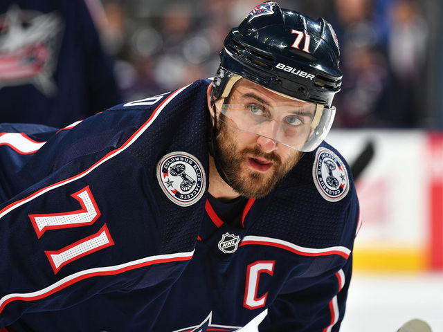 COLUMBUS, OH - DECEMBER 28: Nick Foligno #71 of the Columbus Blue Jackets skates against the Toronto Maple Leafs on December 28, 2018 at Nationwide Arena in Columbus, Ohio.