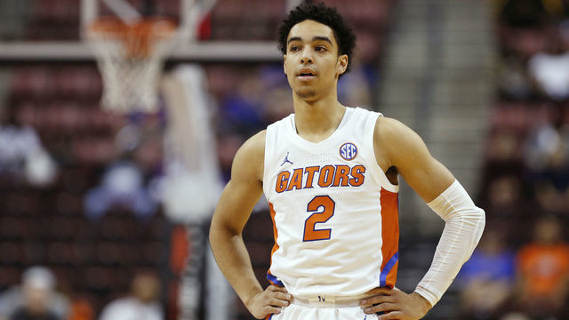 SUNRISE, FLORIDA - DECEMBER 21: Andrew Nembhard #2 of the Florida Gators looks on against the Utah State Aggies during the first half of the Orange Bowl Basketball Classic at BB&T Center on December 21, 2019 in Sunrise, Florida.