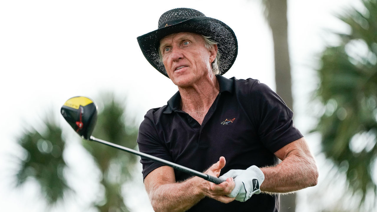 PALM BEACH GARDENS, FL - FEBRUARY 27: Greg Norman of Australia tees off on the eighteenth hole tee box during the Honda Classic Pro-Am prior to The Honda Classic at PGA National Champion course on February 27, 2019 in Palm Beach Gardens, Florida.
