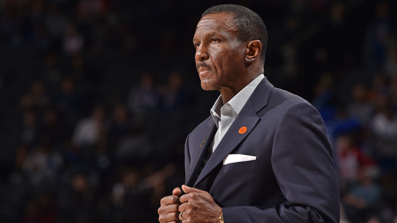 PHILADELPHIA, PA - MARCH 11: Dwane Casey of the Detroit Pistons looks on during the game on March 11, 2020 at the Wells Fargo Center in Philadelphia, Pennsylvania. NOTE TO USER: User expressly acknowledges and agrees that, by downloading and/or using this Photograph, user is consenting to the terms and conditions of the Getty Images License Agreement. Mandatory Copyright Notice: Copyright 2020 NBAE