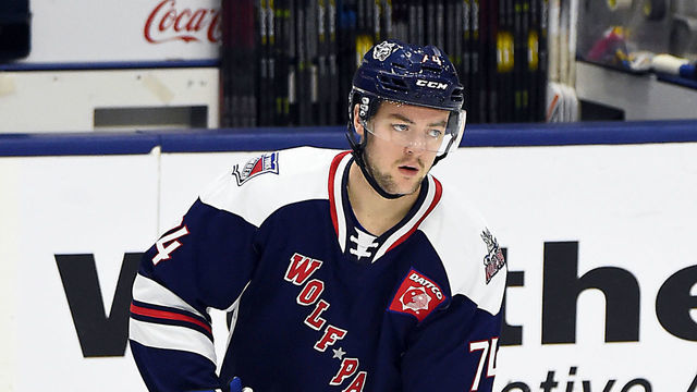 TORONTO, ON - OCTOBER 20: Sean Day #74 of the Hartford Wolf Pack skates in warmup prior to a game against the Toronto Marlies during AHL game action on October 20, 2018 at Coca-Cola Coliseum in Toronto, Ontario, Canada.