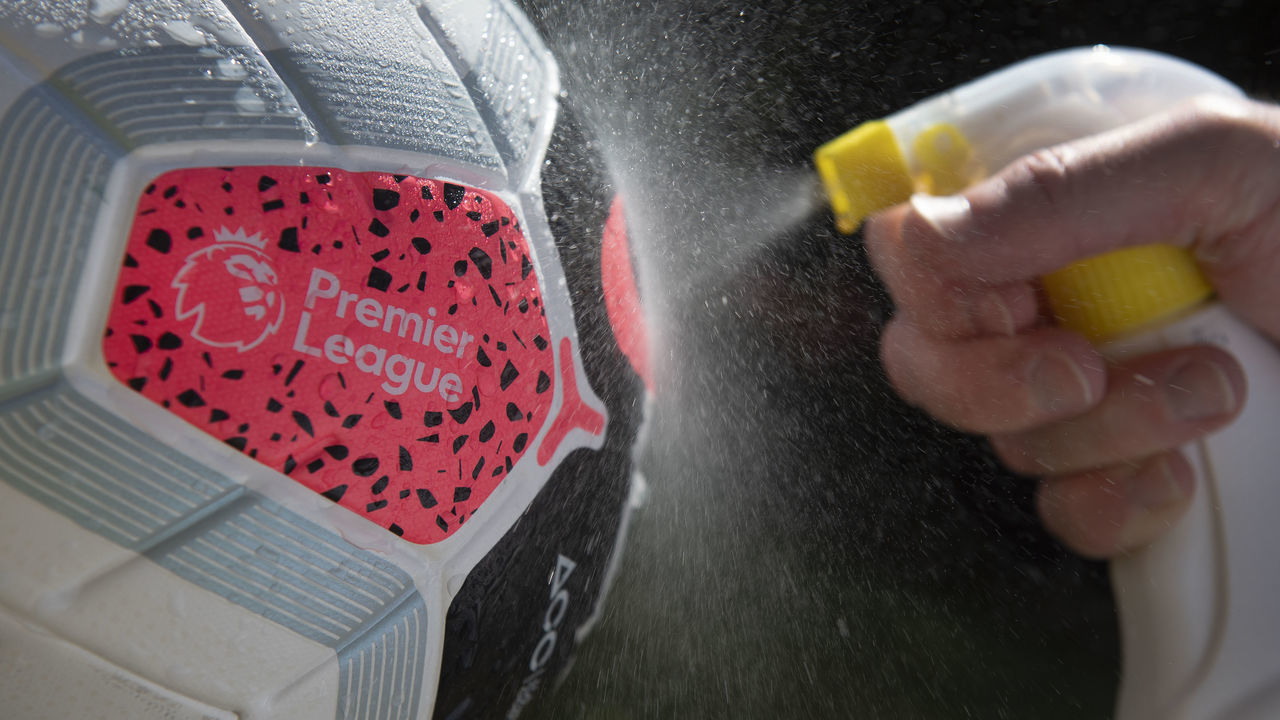 MANCHESTER, ENGLAND - MAY 29: The official Nike Premier League Match Ball sprayed with disinfectant on May 29, 2020 in Manchester, England.