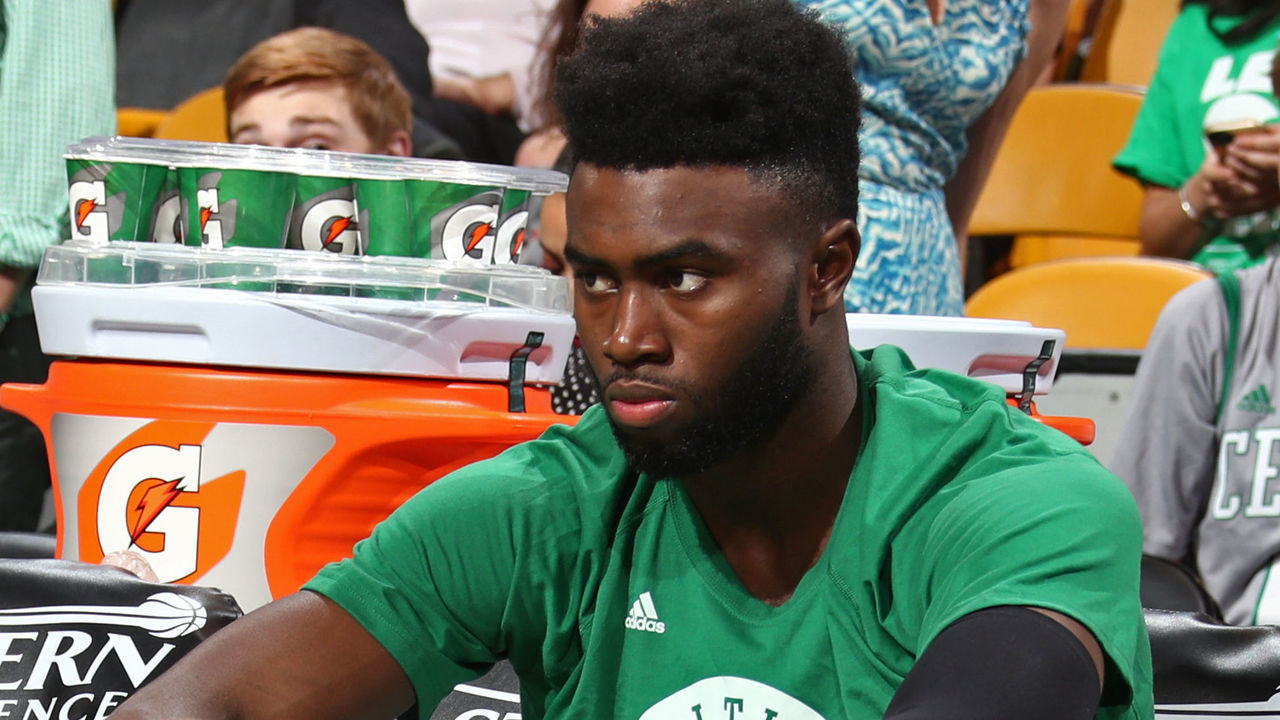 BOSTON, MA - MAY 19: Jaylen Brown #7 of the Boston Celtics sits on the bench before Game Two of the Eastern Conference Finals against the Cleveland Cavaliers during the 2017 NBA Playoffs on May 19, 2017 at the TD Garden in Boston, Massachusetts. Mandatory Copyright Notice: Copyright 2017 NBAE