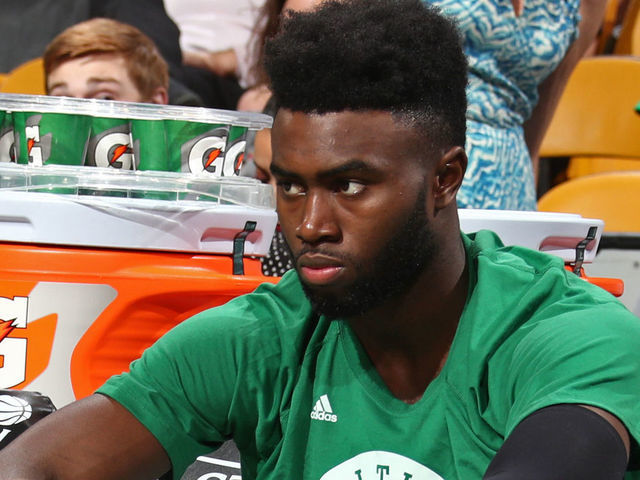 BOSTON, MA - MAY 19: Jaylen Brown #7 of the Boston Celtics sits on the bench before Game Two of the Eastern Conference Finals against the Cleveland Cavaliers during the 2017 NBA Playoffs on May 19, 2017 at the TD Garden in Boston, Massachusetts. Mandatory Copyright Notice: Copyright 2017 NBAE
