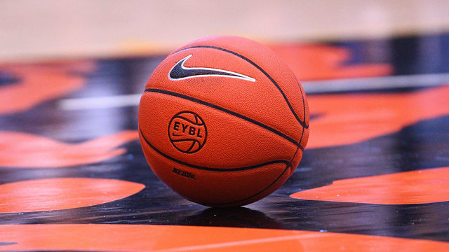 LOS ANGELES, CA - AUGUST 10: A EYBL basketball on the court during the Nike Academy Showcase Game on August 10, 2019 at the Los Angeles Southwest College in Los Angeles, CA.