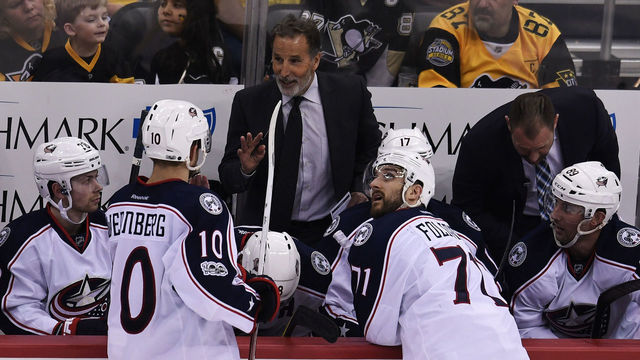 PITTSBURGH, PA - APRIL 14: Columbus Blue Jackets head coach John Tortorella talks to Columbus Blue Jackets center Alexander Wennberg (10) and Columbus Blue Jackets left wing Nick Foligno (71) during the third period. The Pittsburgh Penguins won 4-1 in Game Two of the Eastern Conference First Round during the 2017 NHL Stanley Cup Playoffs against the Columbus Blue Jackets on April 14, 2017, at PPG Paints Arena in Pittsburgh, PA.