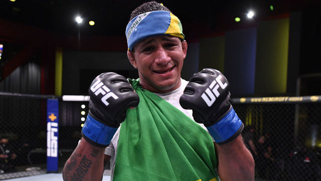 LAS VEGAS, NEVADA - MAY 30: Gilbert Burns of Brazil reacts after his victory over Tyron Woodley in their welterweight fight during the UFC Fight Night event at UFC APEX on May 30, 2020 in Las Vegas, Nevada.