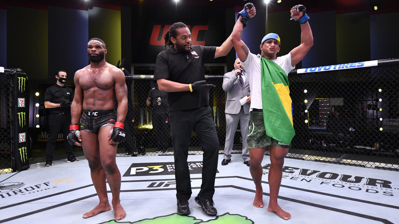 LAS VEGAS, NEVADA - MAY 30: In this handout provided by UFC, Gilbert Burns of Brazil reacts after his victory over Tyron Woodley in their welterweight fight during the UFC Fight Night event at UFC APEX on May 30, 2020 in Las Vegas, Nevada.