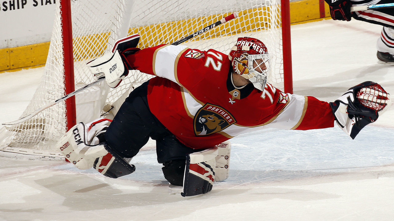 SUNRISE, FL - FEBRUARY 29: Goaltender Sergei Bobrovsky #72 of the Florida Panthers defends the net against the Chicago Blackhawks at the BB&T Center on February 29, 2020 in Sunrise, Florida.