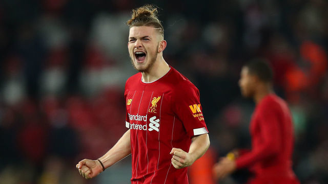 LIVERPOOL, ENGLAND - OCTOBER 30: Harvey Elliott celebrates at full time during the Carabao Cup Round of 16 match between Liverpool and Arsenal at Anfield on October 30, 2019 in Liverpool, England.