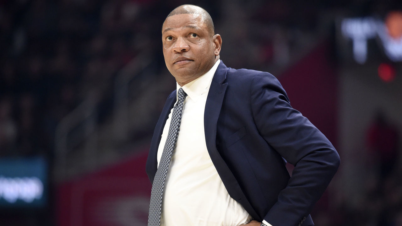 CLEVELAND, OHIO - FEBRUARY 09: Head coach Doc Rivers of the LA Clippers watches from the sidelines during the first half against the Cleveland Cavaliers at Rocket Mortgage Fieldhouse on February 09, 2020 in Cleveland, Ohio. NOTE TO USER: User expressly acknowledges and agrees that, by downloading and/or using this photograph, user is consenting to the terms and conditions of the Getty Images License Agreement.