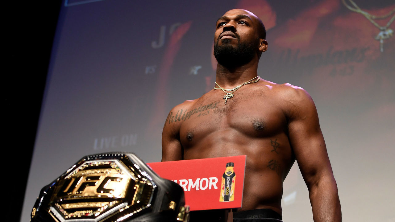 HOUSTON, TX - FEBRUARY 07: Jon Jones poses on the scale during the UFC 247 ceremonial weigh-in at the Toyota Center on February 7, 2020 in Houston, Texas.