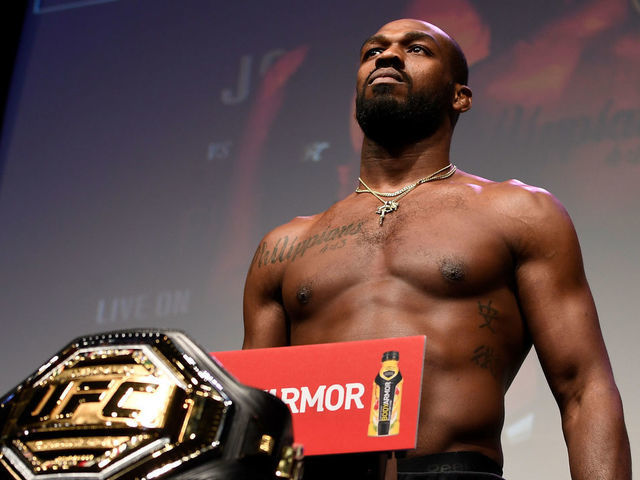 HOUSTON, TX - FEBRUARY 07: Jon Jones poses on the scale during the UFC 247 ceremonial weigh-in at the Toyota Center on February 7, 2020 in Houston, Texas.