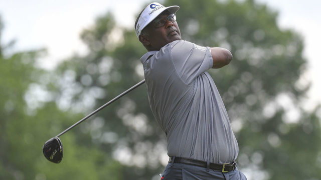 AKRON, OH - JULY 12: Vijay Singh plays his tee shot on the ninth hole during the second round of the PGA TOUR Champions Bridgestone SENIOR PLAYERS Championship at Firestone Country Club on July 12, 2019 in Akron, Ohio.