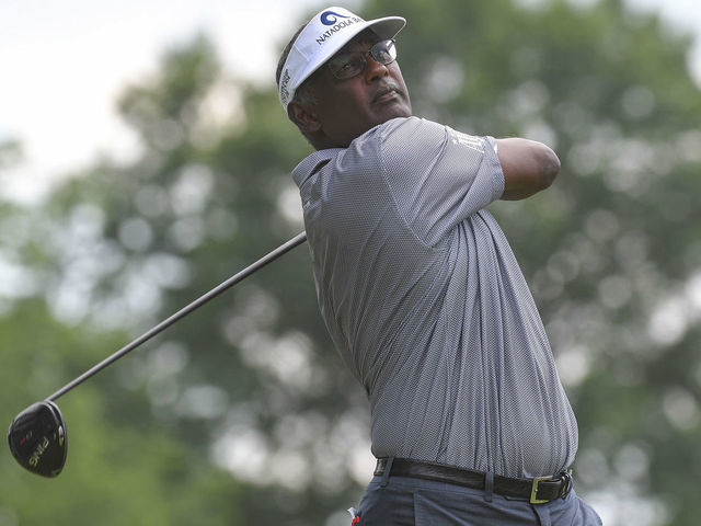 AKRON, OH - JULY 12: Vijay Singh plays his tee shot on the ninth hole during the second round of the PGA TOUR Champions Bridgestone SENIOR PLAYERS Championship at Firestone Country Club on July 12, 2019 in Akron, Ohio.