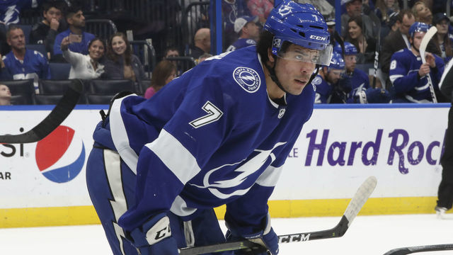 TAMPA, FL - FEBRUARY 13: Tampa Bay Lightning right wing Mathieu Joseph (7) in the 1st period of the NHL game between the Edmonton Oilers and Tampa Bay Lightning on February 13, 2020 at Amalie Arena in Tampa, FL.