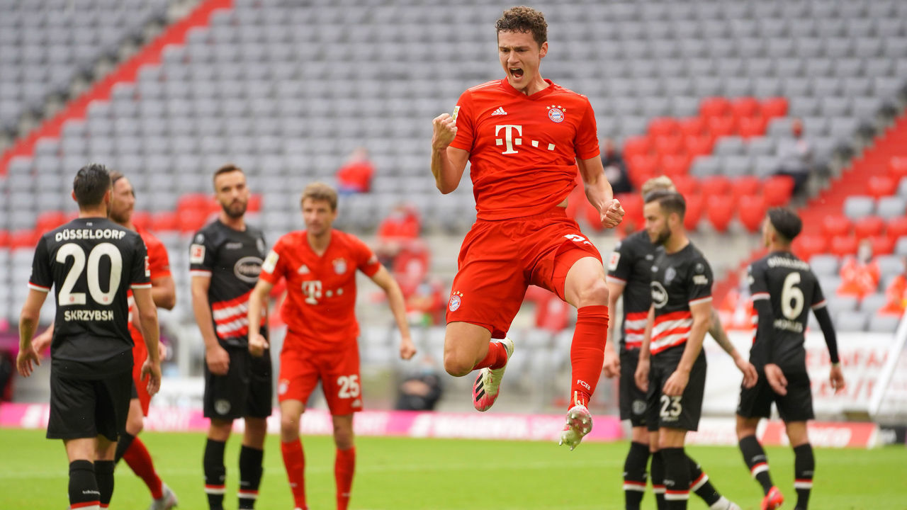 MUNICH, GERMANY - MAY 30: Benjamin Pavard of FC Bayern Muenchen celebrates after scoring his team's second goal during the Bundesliga match between FC Bayern Muenchen and Fortuna Duesseldorf at Allianz Arena on May 30, 2020 in Munich, Germany.