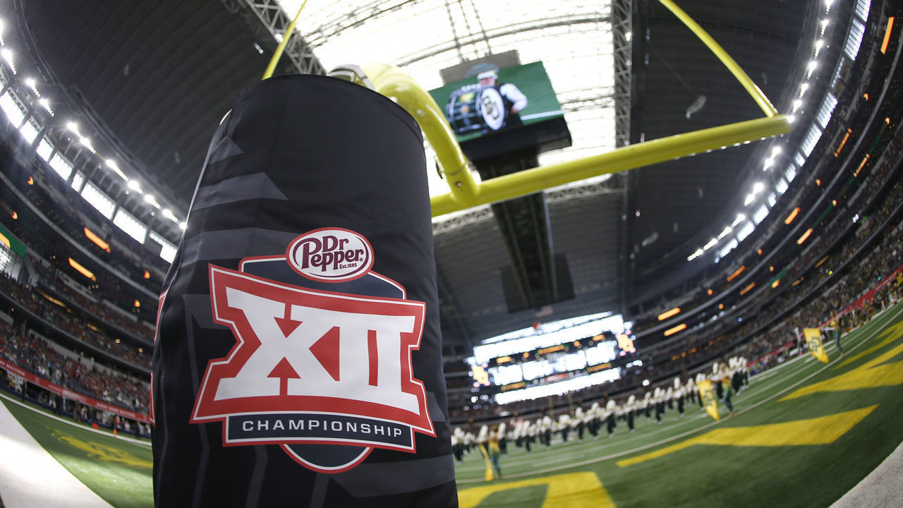 ARLINGTON, TX - DECEMBER 07, 2019 - Detail view of Big 12 logo as the Baylor Bears band plays on the field before Baylor plays the Oklahoma Sooners in the Big 12 Football Championship at AT&T Stadium on December 7, 2019 in Arlington, Texas.