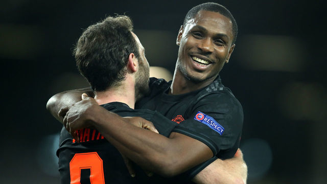 LINZ, AUSTRIA - MARCH 12: (FREE FOR EDITORIAL USE) In this handout image provided by UEFA, Juan Mata of Manchester United celebrates with Odion Ighalo after scoring his team's third goal during the UEFA Europa League round of 16 first leg match between LASK and Manchester United at Linzer Stadion on March 12, 2020 in Linz, Austria. The match is played behind closed doors as a precaution against the spread of COVID-19 (Coronavirus).