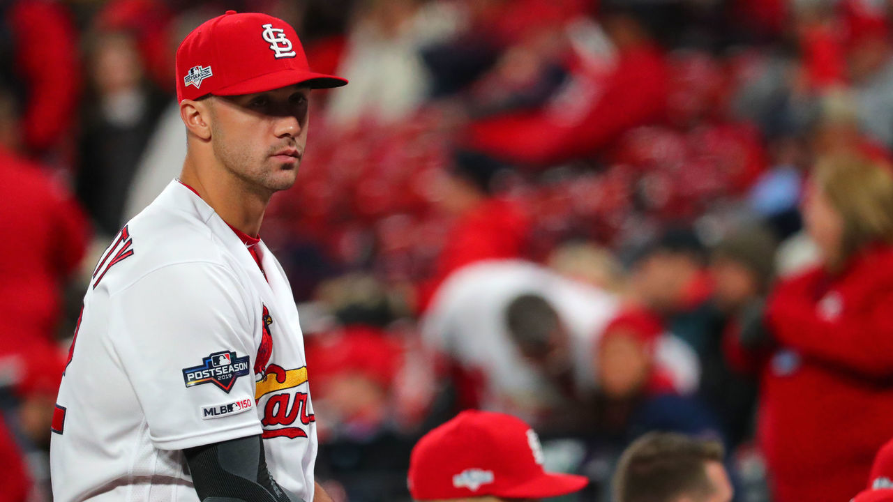 ST. LOUIS, MO - OCTOBER 11: Jack Flaherty #22 of the St. Louis Cardinals looks on prior to Game 1 of the NLCS between the Washington Nationals and the St. Louis Cardinals at Busch Stadium on Friday, October 11, 2019 in St. Louis, Missouri.