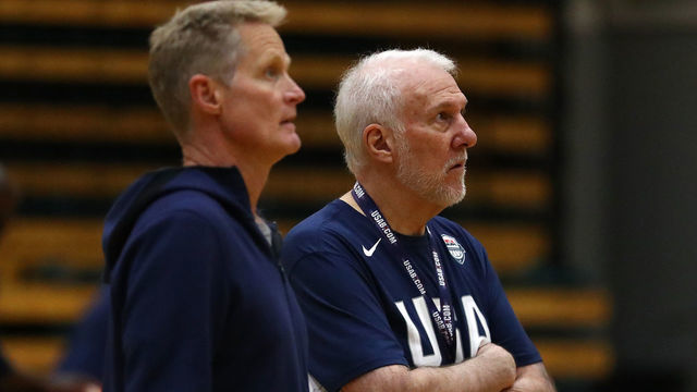 MELBOURNE, AUSTRALIA - AUGUST 21: Gregg Popovich the Head Coach of the USA National Team (R) and Steve Kerr Assistant Coach of the USA National Team look on during a Team USA United States of America National Basketball team training session at Melbourne Sports and Aquatic Centre on August 21, 2019 in Melbourne, Australia.