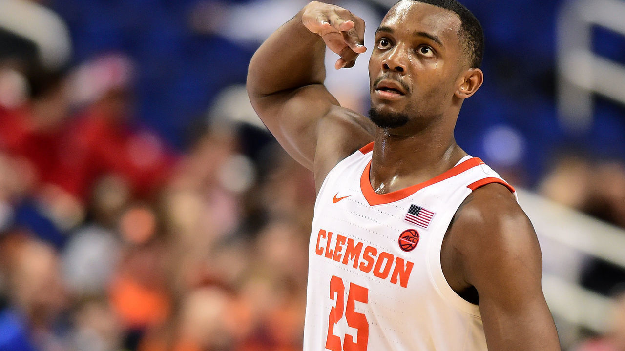 GREENSBORO, NORTH CAROLINA - MARCH 11: Aamir Simms #25 of the Clemson Tigers reacts following a play against the Miami Hurricanes during their game in the second round of the 2020 Men's ACC Basketball Tournament at Greensboro Coliseum on March 11, 2020 in Greensboro, North Carolina.