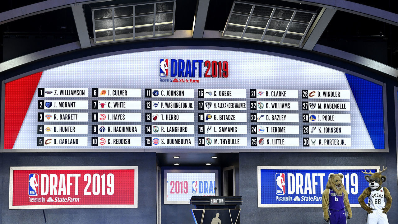 NEW YORK, NEW YORK - JUNE 20: The first round draft board is seen during the 2019 NBA Draft at the Barclays Center on June 20, 2019 in the Brooklyn borough of New York City.