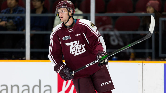 OTTAWA, ON - SEPTEMBER 29: Peterborough Petes defenseman Declan Chisholm (20) during warm-up before Ontario Hockey League action between the Peterborough Petes and Ottawa 67's on September 29, 2019, at TD Place Arena in Ottawa, ON, Canada.