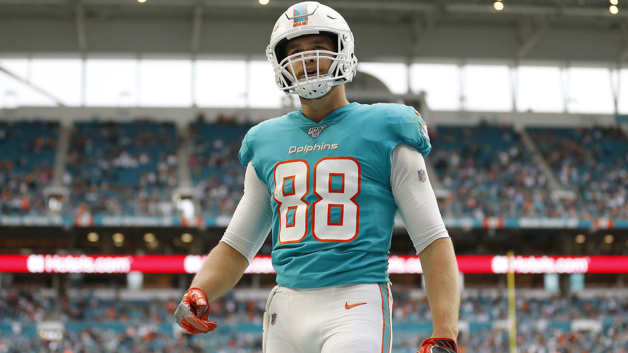 MIAMI, FLORIDA - DECEMBER 22: Mike Gesicki #88 of the Miami Dolphins celebrates after a touchdown against the Cincinnati Bengals during the second quarter at Hard Rock Stadium on December 22, 2019 in Miami, Florida.