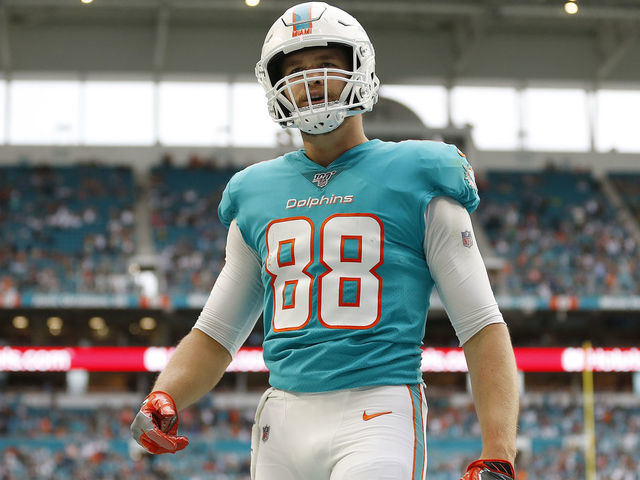 MIAMI, FLORIDA - DECEMBER 22: Mike Gesicki #88 of the Miami Dolphins celebrates after a touchdown against the Cincinnati Bengals during the second quarter at Hard Rock Stadium on December 22, 2019 in Miami, Florida.
