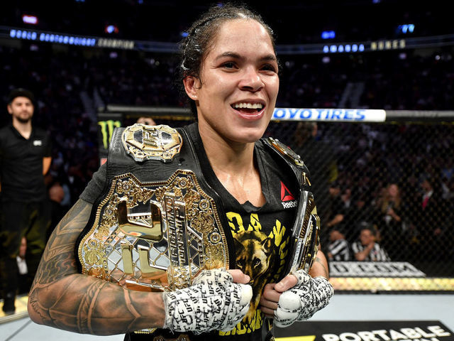 LAS VEGAS, NEVADA - DECEMBER 14: Amanda Nunes of Brazil celebrates after defeating Germaine de Randamie of Netherlands in their UFC women's bantamweight championship bout during the UFC 245 event at T-Mobile Arena on December 14, 2019 in Las Vegas, Nevada.