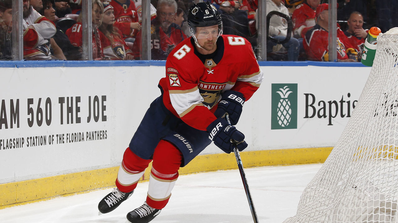 SUNRISE, FL - JANUARY 9: Anton Stralman #6 of the Florida Panthers circles the net with the puck during second period action against the Vancouver Canucks at the BB&T Center on January 9, 2020 in Sunrise, Florida. The Panthers defeated the Canucks 5-2.