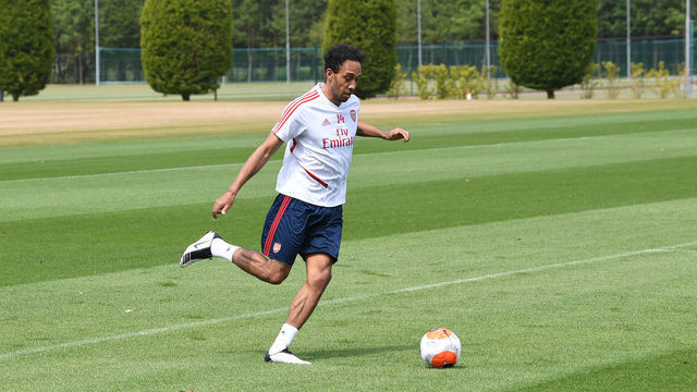 ST ALBANS, ENGLAND - MAY 26: Pierre-Emerick Aubameyang of Arsenal during a training session at London Colney on May 26, 2020 in St Albans, England.