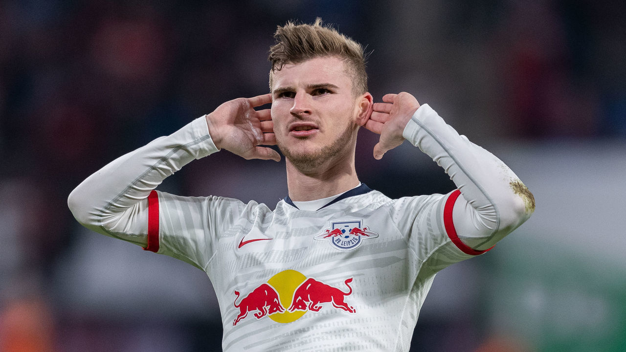 LEIPZIG, GERMANY - JANUARY 18: Timo Werner of RB Leipzig celebrates after scoring his team's first goal during the Bundesliga match between RB Leipzig and 1. FC Union Berlin at Red Bull Arena on January 18, 2020 in Leipzig, Germany.