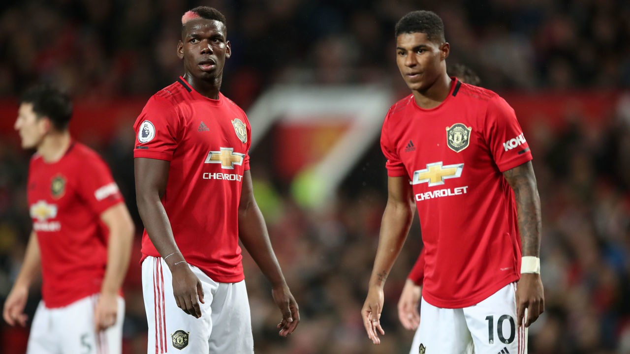 Manchester United's Paul Pogba and Marcus Rashford during the Premier League match at Old Trafford, Manchester.
