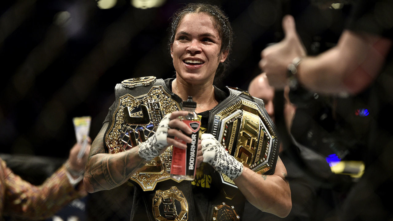LAS VEGAS, NEVADA - DECEMBER 14: Amanda Nunes of Brazil celebrates after defeating Germaine de Randamie of Netherlands in their UFC women's bantamweight championship bout during the UFC 245 event at T-Mobile Arena on December 14, 2019 in Las Vegas, Nevada.