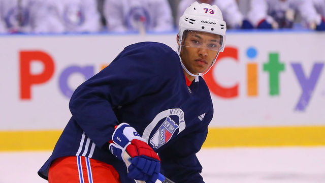 NEW YORK, NY - JUNE 29: New York Rangers Defenseman K'Andre Miller (79) skates during New York Rangers Prospect Development Camp on June 29, 2018 at the MSG Training Center in New York, NY.