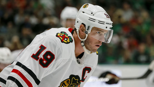 DALLAS, TX - FEBRUARY 23: Chicago Blackhawks center Jonathan Toews (19) waits for the puck to drop during the game between the Dallas Stars and the Chicago Blackhawks on February 23, 2020 at American Airlines Center in Dallas, Texas.