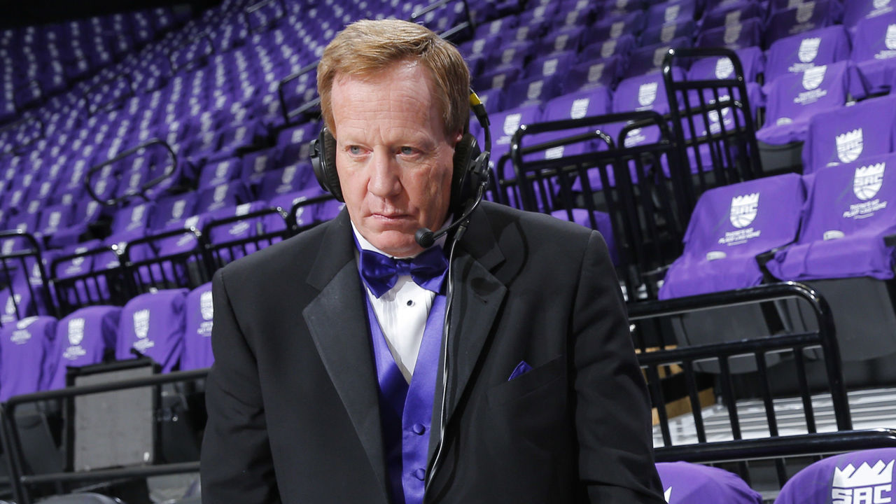 SACRAMENTO, CA - OCTOBER 27: Sacramento Kings broadcaster Grant Napear and Former NBA player Doug Christie look on prior to the game between the San Antonio Spurs and Sacramento Kings on October 27, 2016 at Golden 1 Center in Sacramento, California. NOTE TO USER: User expressly acknowledges and agrees that, by downloading and or using this photograph, User is consenting to the terms and conditions of the Getty Images Agreement. Mandatory Copyright Notice: Copyright 2016 NBAE