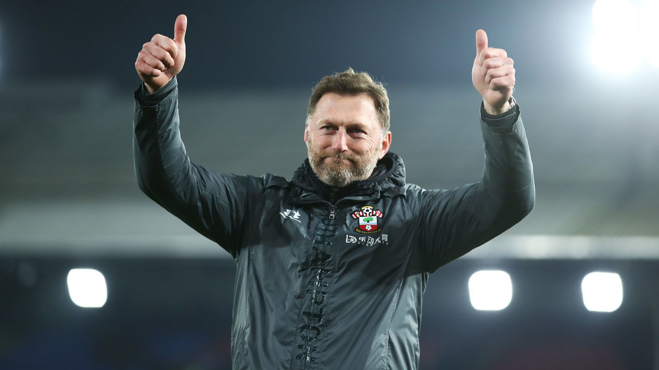 LONDON, ENGLAND - JANUARY 21: Ralph Hasenhuttl, manager of Southampton celebrates with the fans at full-time during the Premier League match between Crystal Palace and Southampton FC at Selhurst Park on January 21, 2020 in London, United Kingdom.