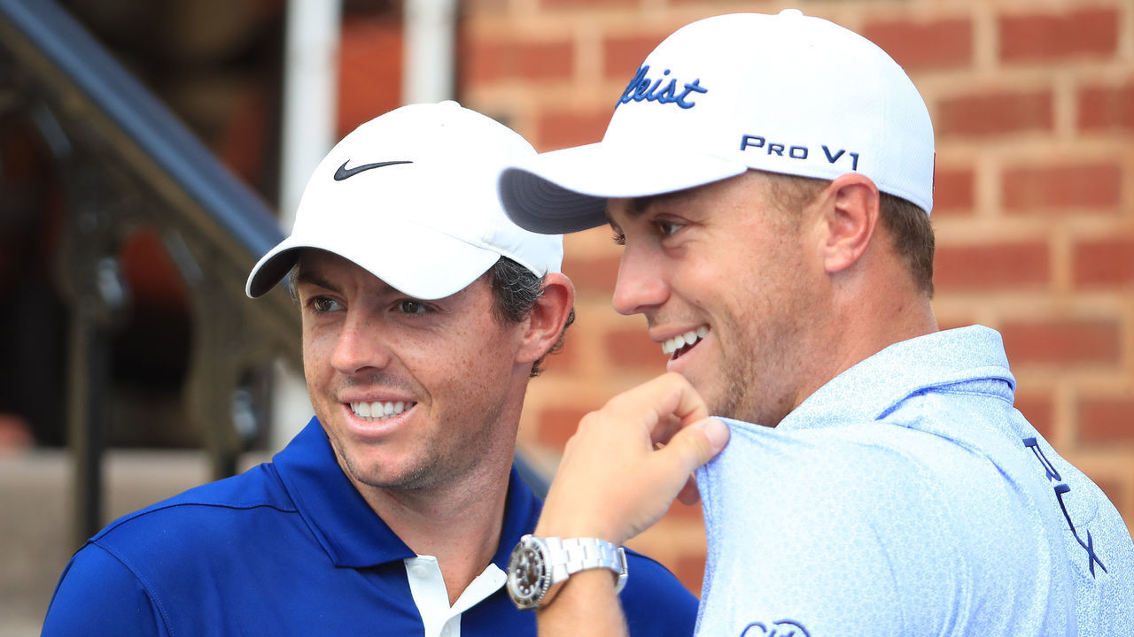 MEDINAH, ILLINOIS - AUGUST 13: Rory McIlroy of Northern Ireland (lleft) and Justin Thomas of the USA are pictured together during practice for the BMW Championship at Medinah Country Club on August 13, 2019 in Medinah, Illinois.