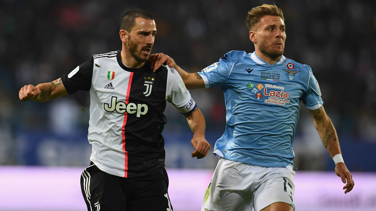 RIYADH, SAUDI ARABIA - DECEMBER 22: Leonardo Bonucci of Juventus competes for the ball against Ciro Immobile of SS Lazio during the Italian Supercup match between Juventus and SS Lazio at King Saud University Stadium on December 22, 2019 in Riyadh, Saudi Arabia.