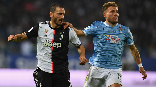 RIYADH, SAUDI ARABIA - DECEMBER 22: Leonardo Bonucci of Juventus competes for the ball against Ciro Immobile of SS Lazio during the Italian Supercup match between Juventus and SS Lazio at King Saud University Stadium on December 22, 2019 in Riyadh, Saudi Arabia.