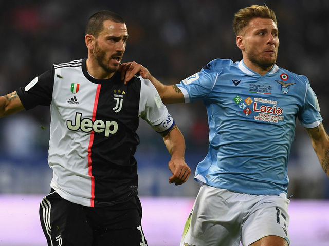 RIYADH, SAUDI ARABIA - DECEMBER 22: Leonardo Bonucci of Juventus competes for the ball against Ciro Immobile of SS Lazio during the Italian Supercup match between Juventus and SS Lazio at King Saud University Stadium on December 22, 2019 in Riyadh, Saudi Arabia.