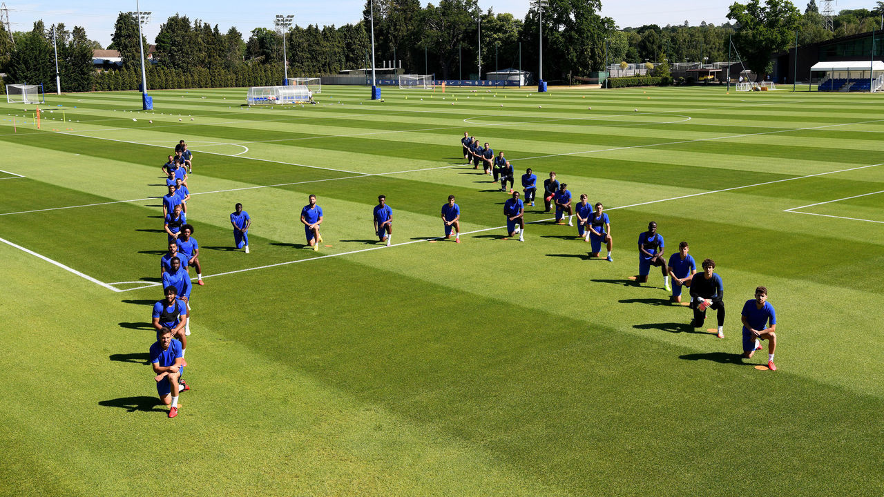 COBHAM, ENGLAND - JUNE 02: Chelsea squad took the knee during a training session at Cobham in the formation of H for 'human' at Chelsea Training Ground on June 2, 2020 in Cobham, England.