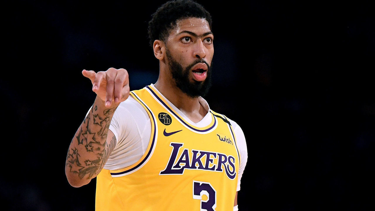LOS ANGELES, CALIFORNIA - MARCH 10: Anthony Davis #3 of the Los Angeles Lakers looks at the Brooklyn Nets bench after his three pointer during a 104-102 Nets win at Staples Center on March 10, 2020 in Los Angeles, California.